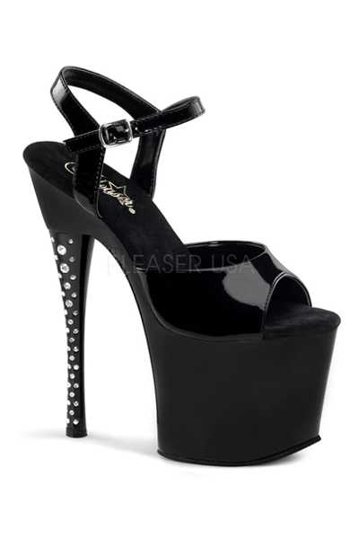 black strappy high heels with rhinestones