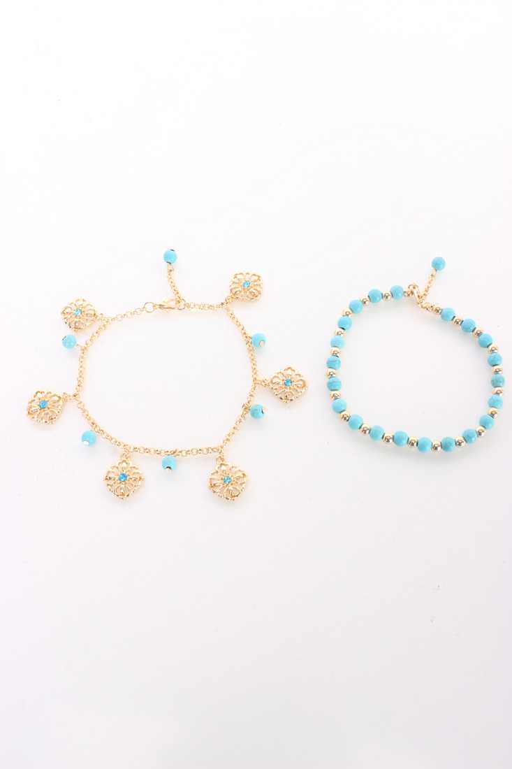 Gold Turquoise Two Toned Assorted Design Two Piece Bracelet