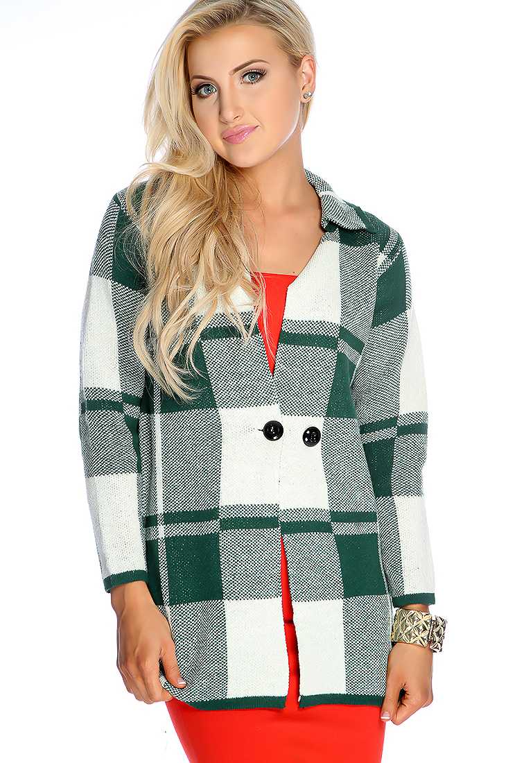 Forest Green White Knitted Plaid Cute Fall Coat