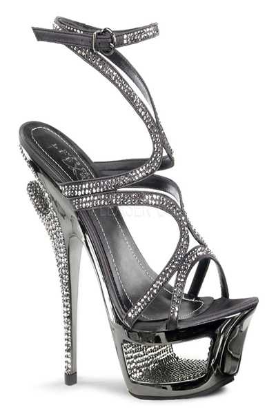 Dark Grey Satin Rhinestone Ankle Wrap Strappy Sandal High Heels