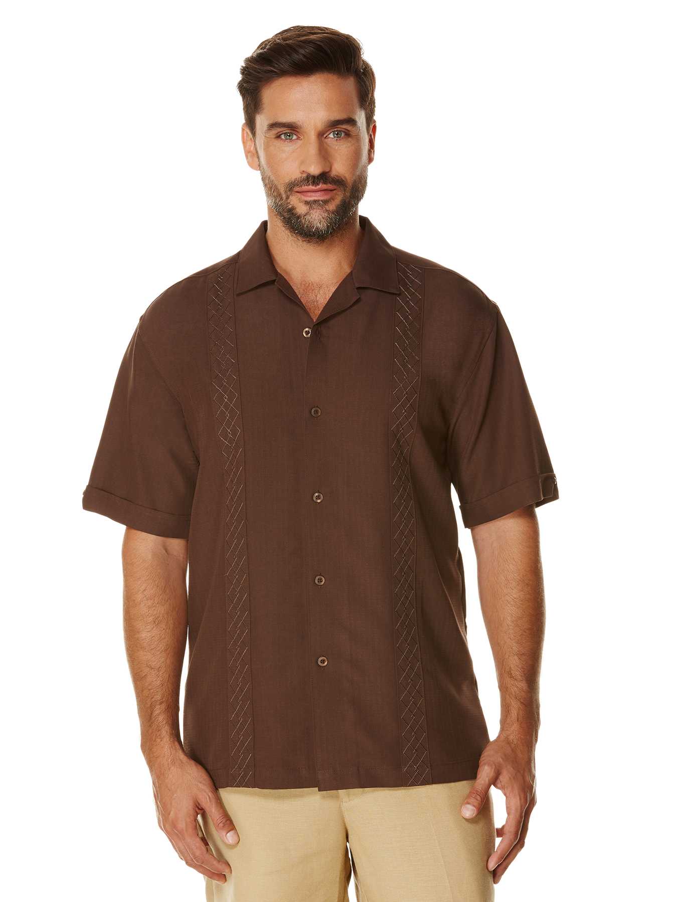 Cubavera Short Sleeve Grid Embroidered Panel Camp Collar Shirt