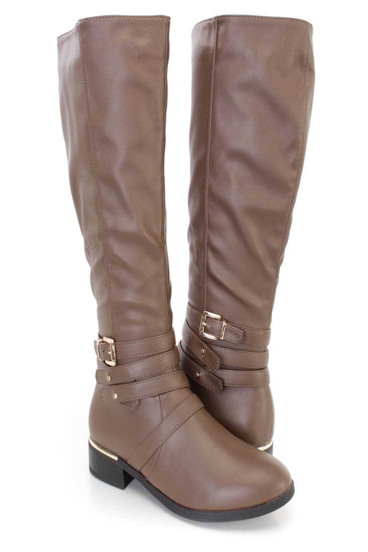 Taupe Strappy Ridding Boots Faux Leather