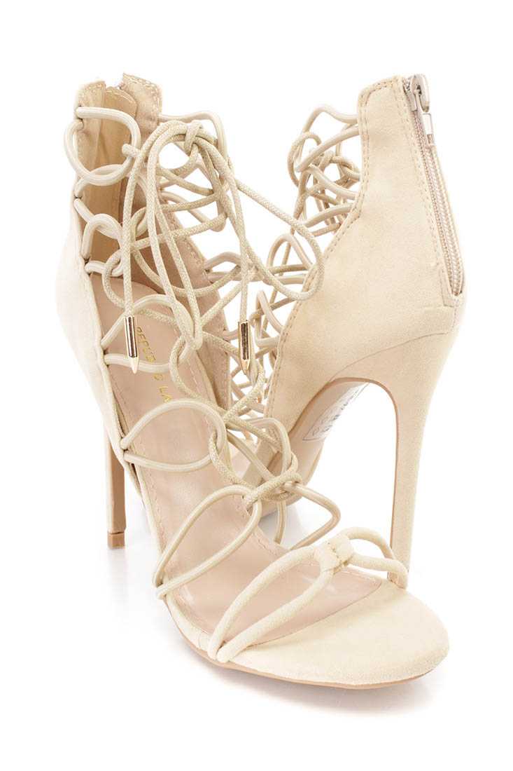 Nude String Lace Up Single Sole High Heels Faux Suede
