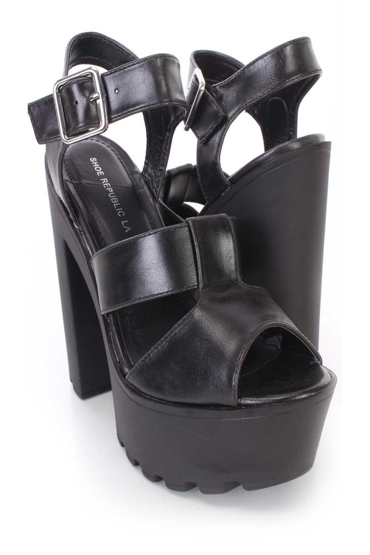 Black Strappy Peep Toe Chunky Platform High Heels Faux Leather