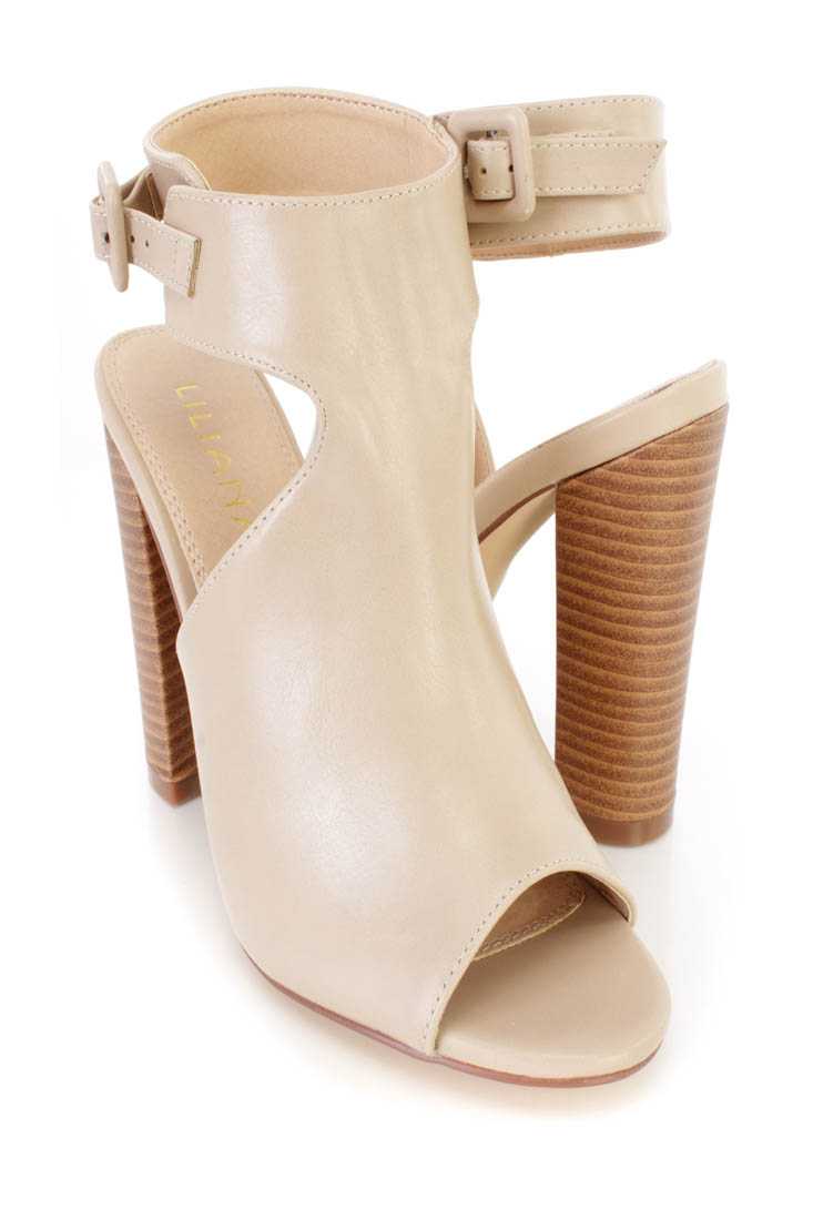 Beige Peep Toe Single Sole Chunky Heels Faux Leather