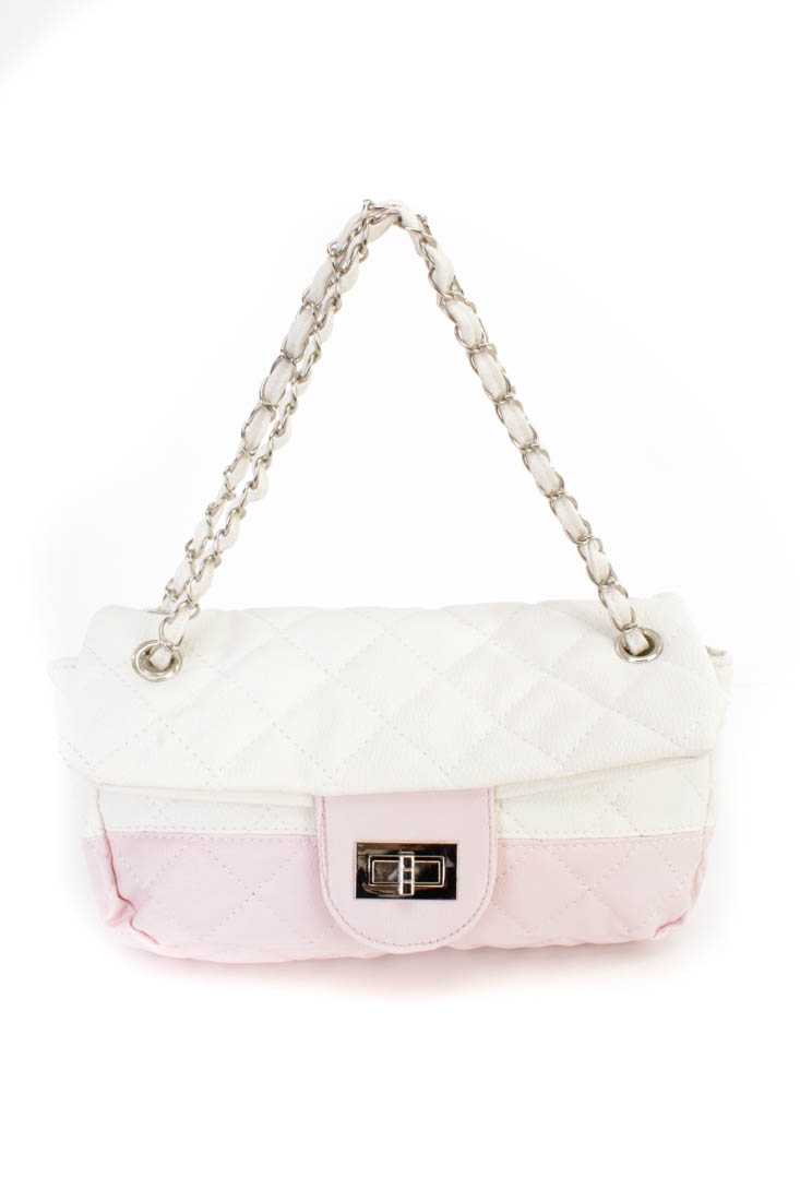 White Pink Faux Leather Quilted Handbag