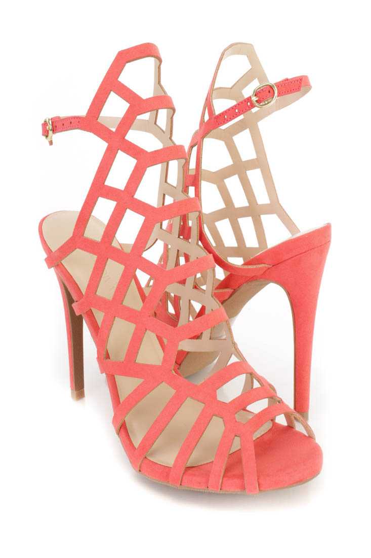 Dark Coral Caged Peep Toe Heels Faux Suede