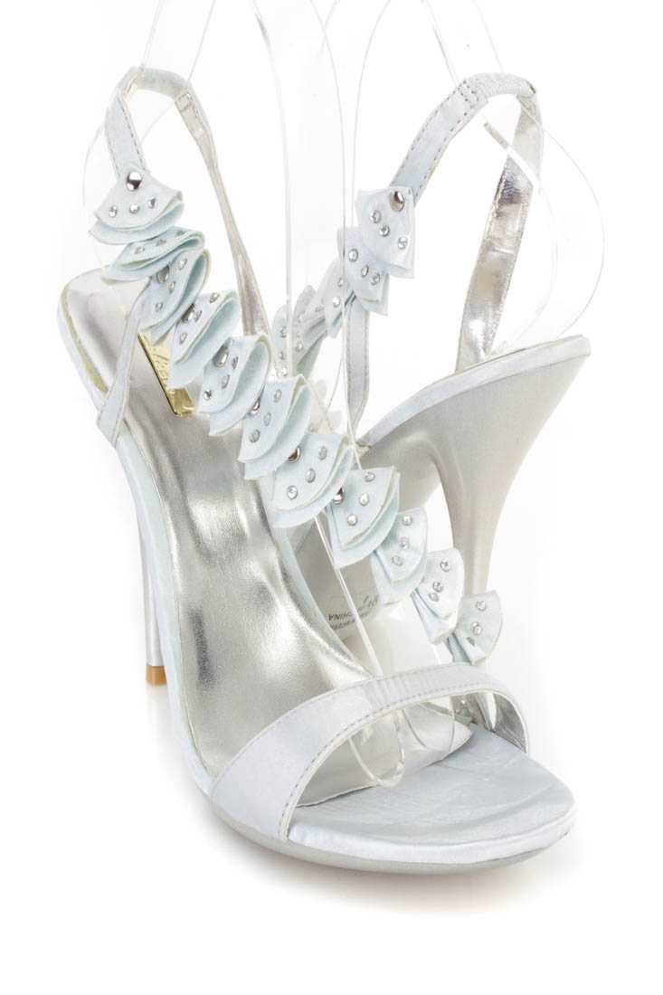 Silver Rhinestone Ruffled Cross Strap Open Toe Heels Satin