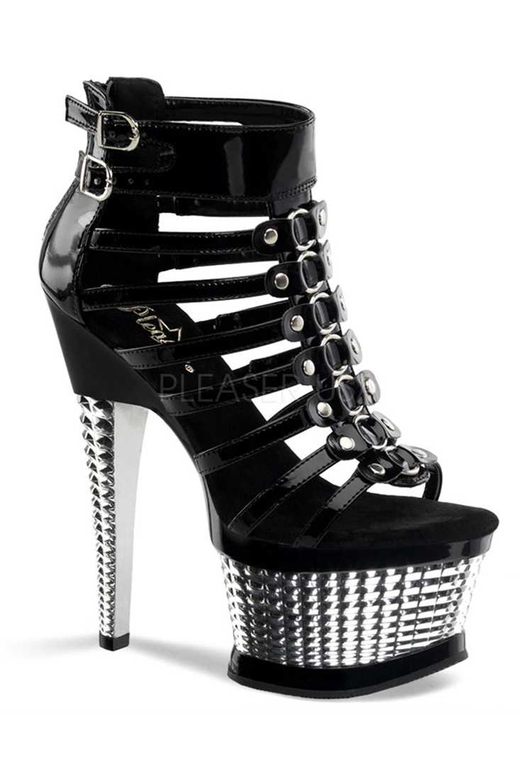 Black Silver Chrome Open Toe Sandal Sandal Heels Patent