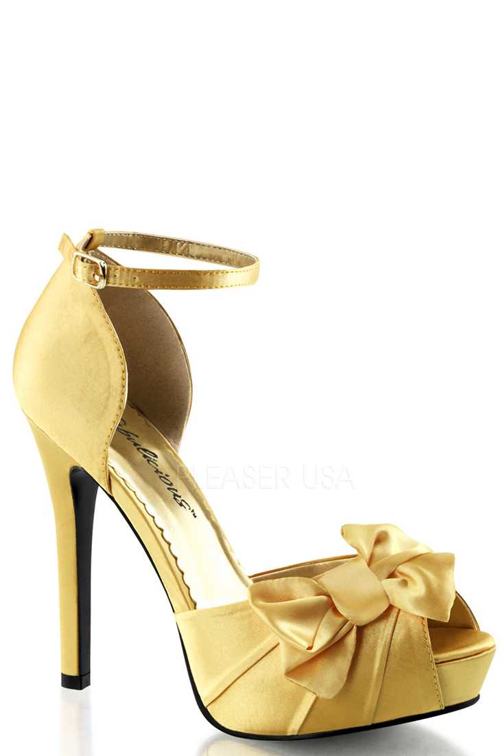 Yellow Bow Accent Peep Toe High Heels Satin