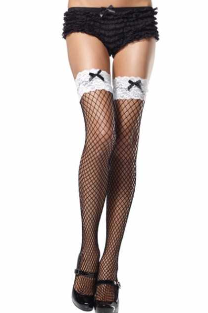 Black White Lace Bow Accent Thigh High Hosiery
