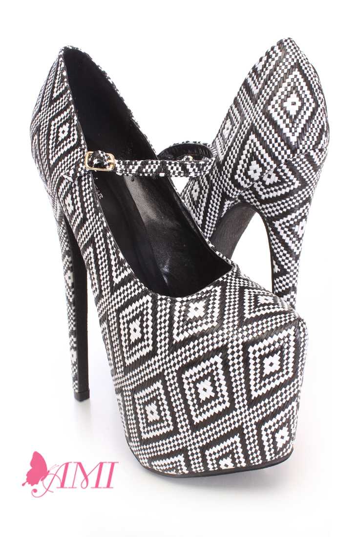Geometric Pattern Maryjane High Heels Straw
