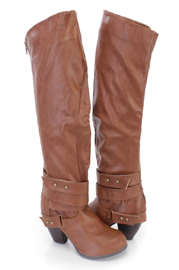 Cognac Strappy Knee High Riding Boots Faux Leather