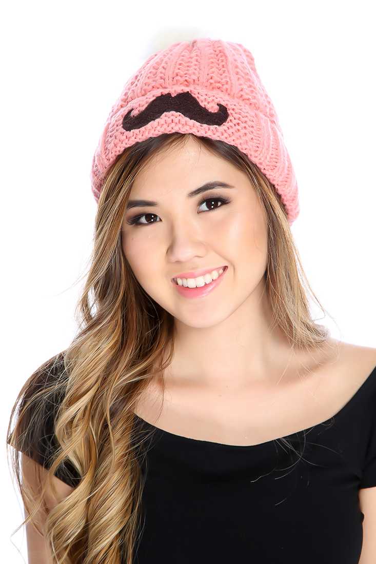 Dusty Pink Mustache Patch Knitted Beanie