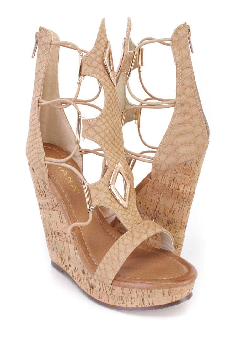 Dark Beige Snake Texture Open Toe Cork Wedges Faux Leather
