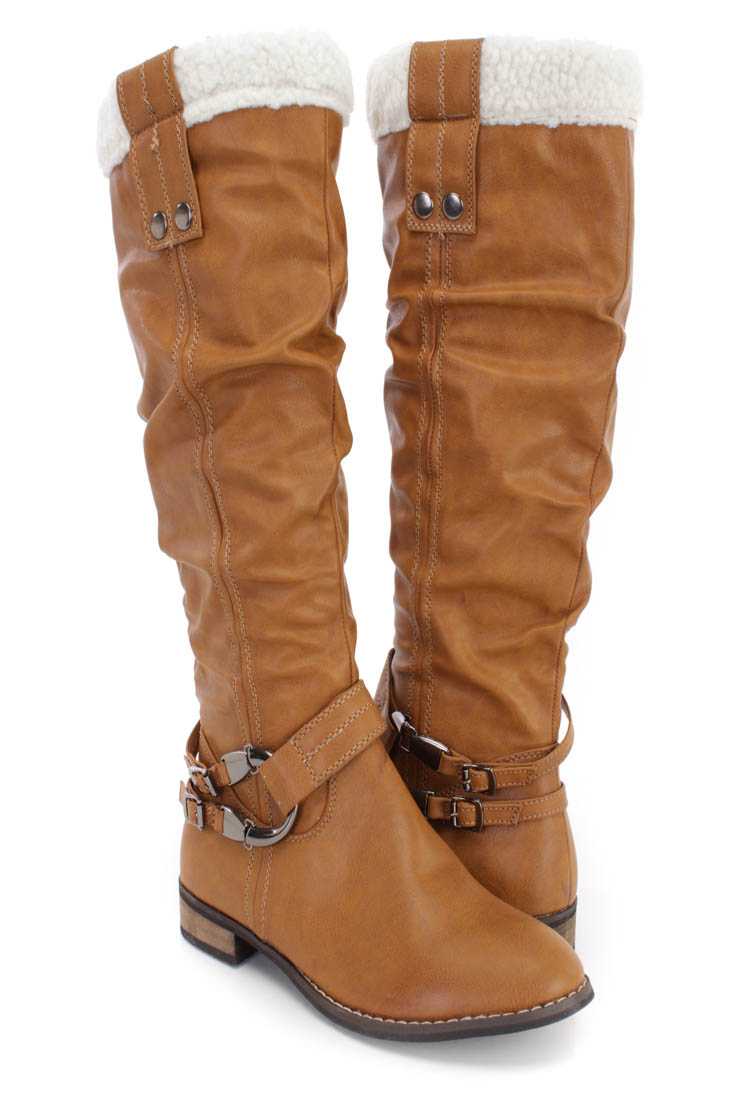 Camel Faux Shearing Cuff Slouchy Boots Faux Leather