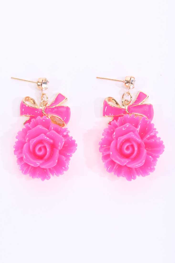 Fuchsia Lacquer Finished Floral Dangle Earrings
