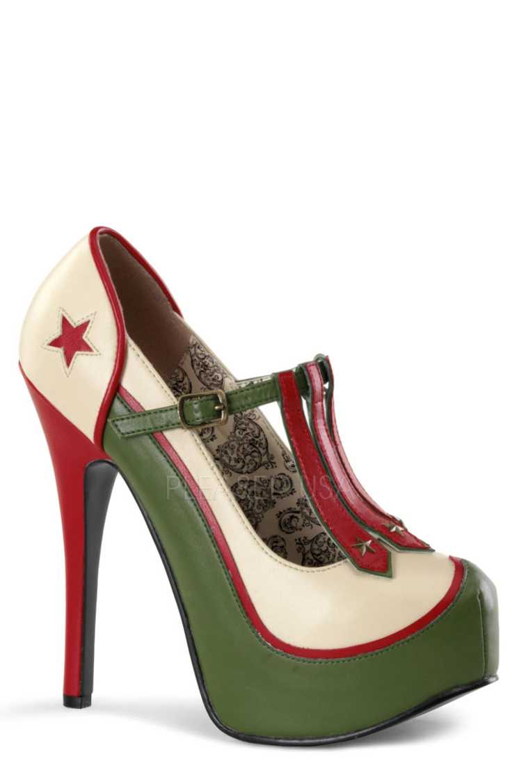 Cream Olive Colorblock Military High Heels Faux Leather