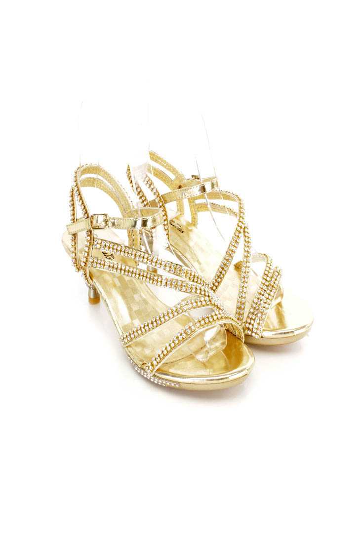Gold Rhinestone Decor Strappy Kiddie Heels Faux Leather