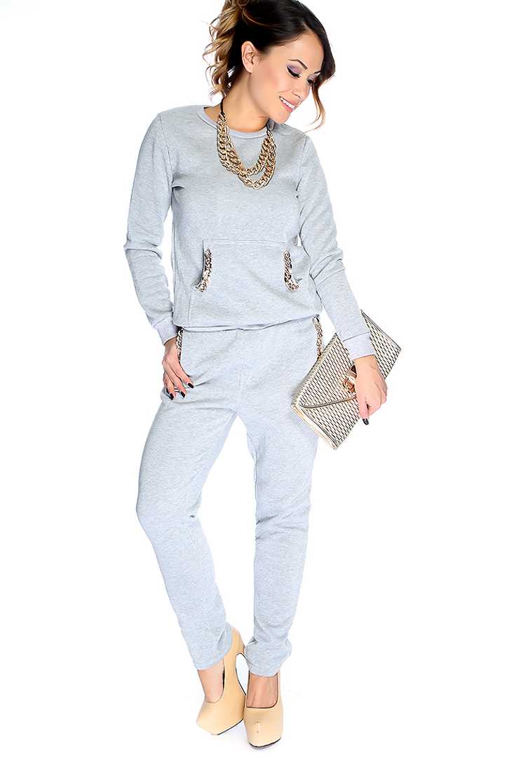 Grey Long Sleeves Metal Chain Detail 2 Pieces Outfit