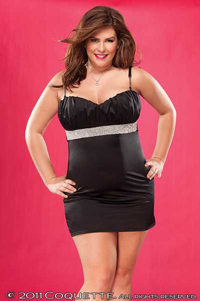 BLACK RHINESTONE SATIN EMPIRE WAIST MINI DRESS