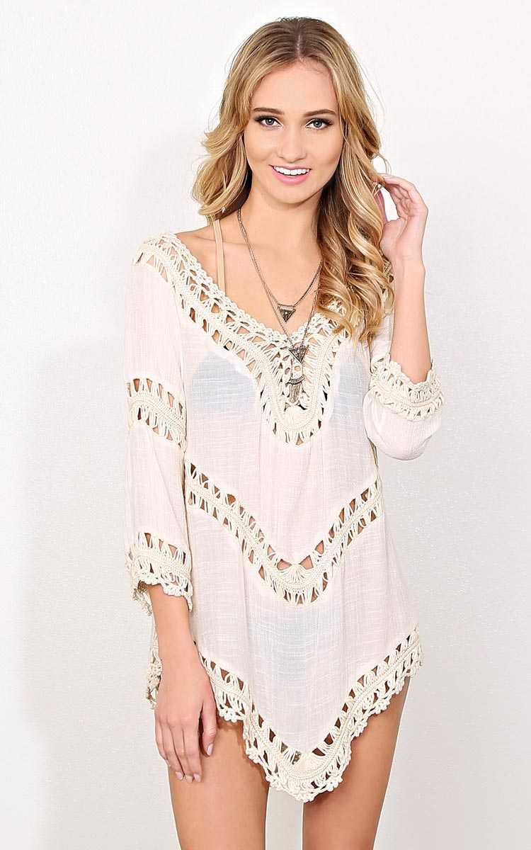 Jenna Crochet Woven Tunic - Ivry/Natrl in Size S/M by Styles For Less