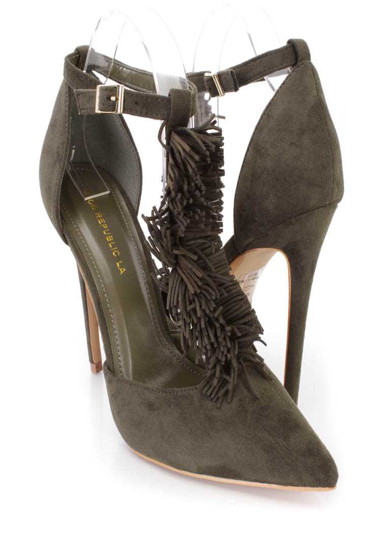 Olive Fringe T-strap Single Sole Heels Faux Suede