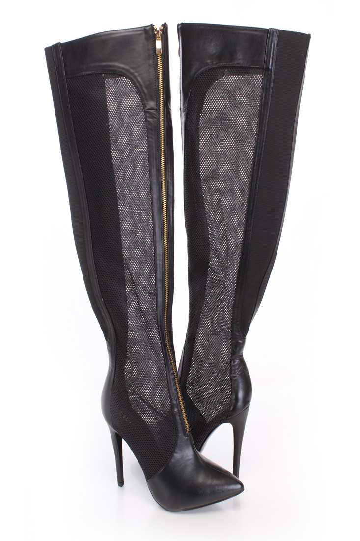 Black Thigh High Netted Boots Faux Leather