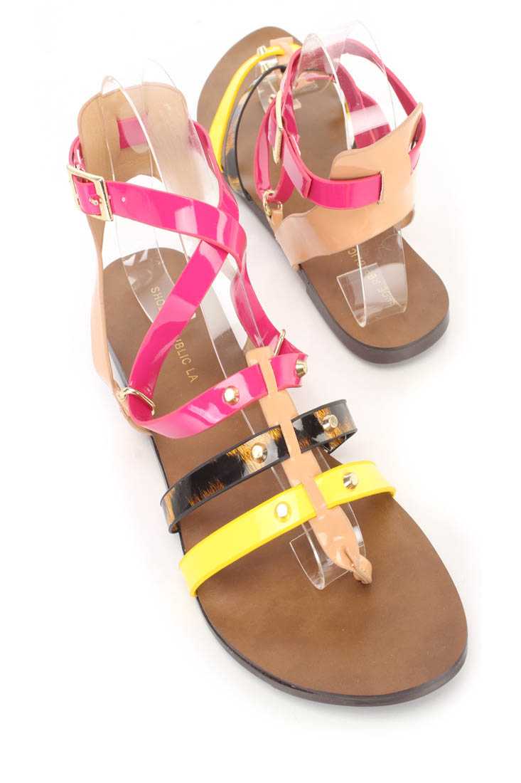 Fuchsia Colorblock Strappy Thong Sandals PVC