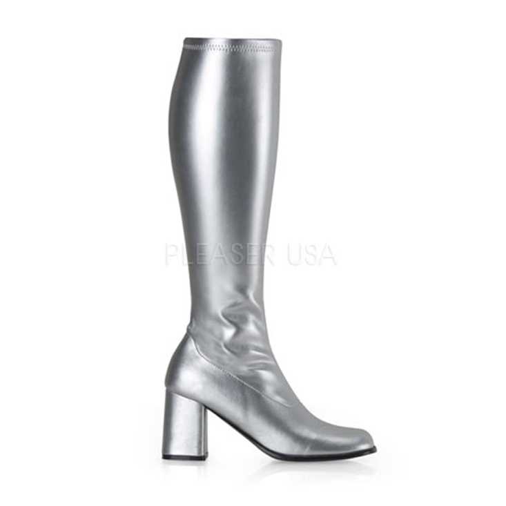 Silver Stretch Faux Leather Block Heel GoGo Boots