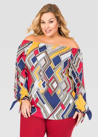 Off-Shoulder Geo Print Blouse