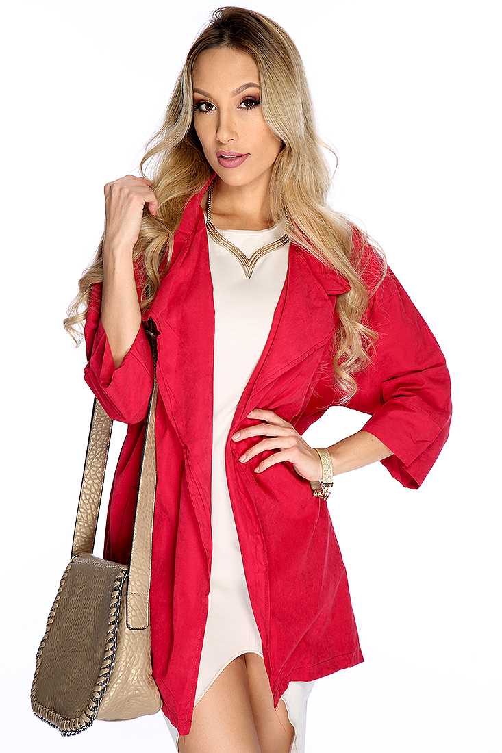 Burgundy Open Front Quarter Sleeve Fall Jacket