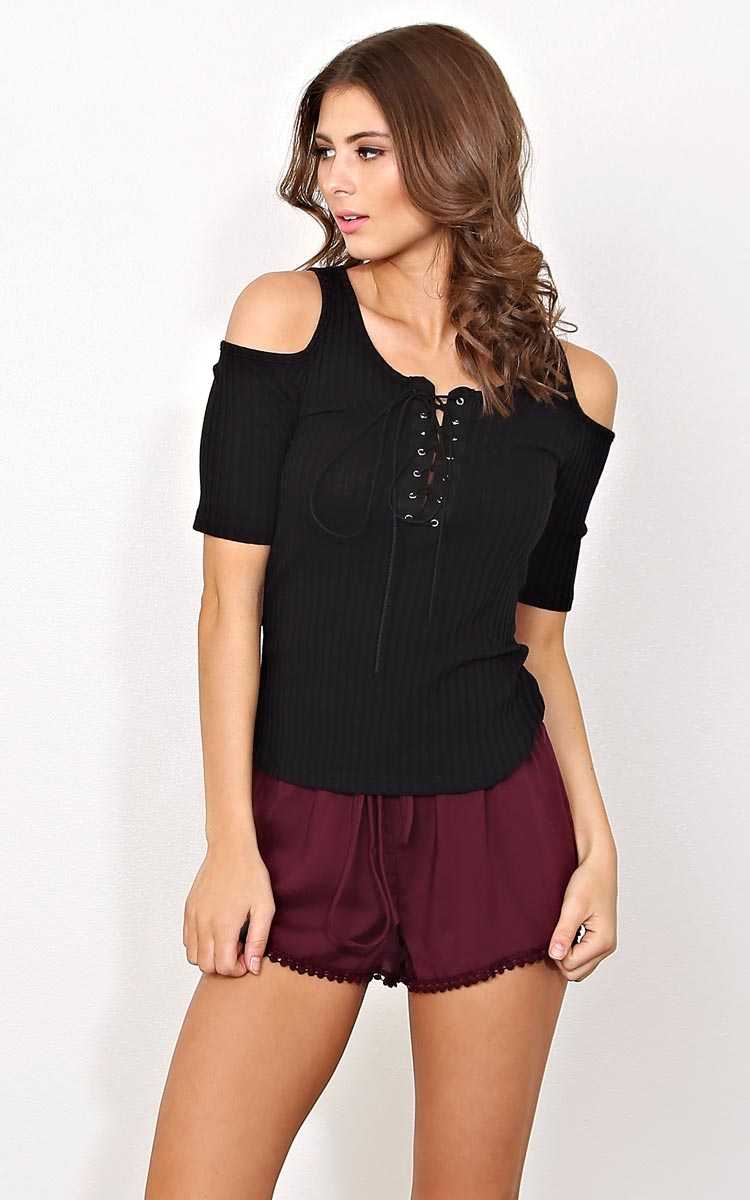 Tia Lace Up Cold Shoulder Top - LGE - Black in Size Large by Styles For Less