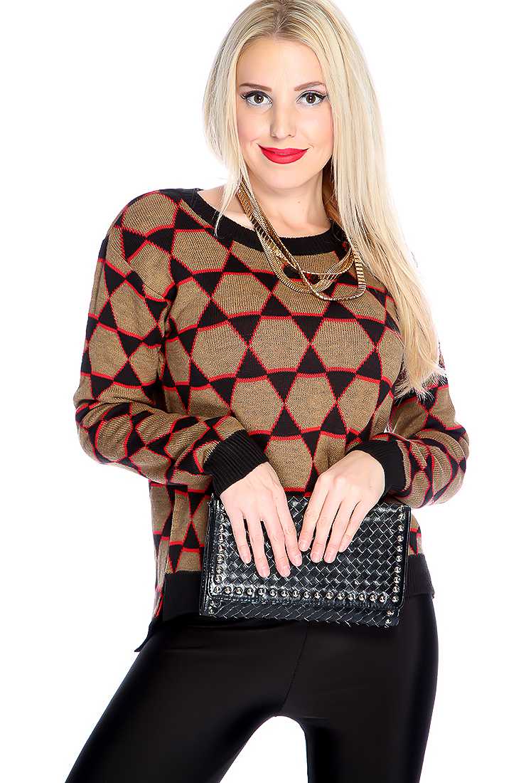 Red Tan Long Sleeves Two Tone Patter Sweater