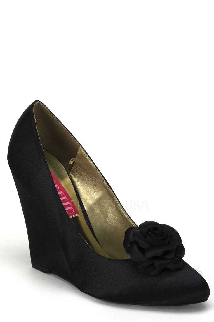 Black Floral Bud Single Sole Wedges Satin