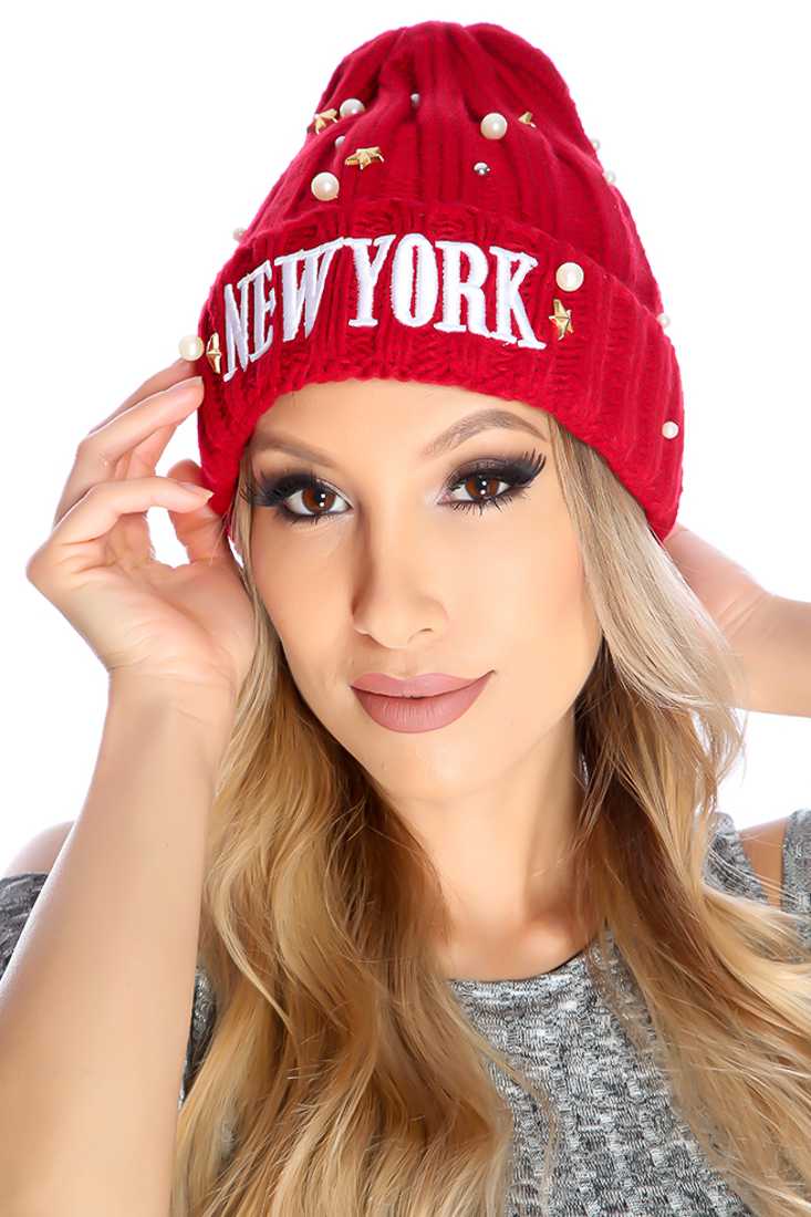 Burgundy Stitch Wording Beaded Studded Detail Knit Beanie