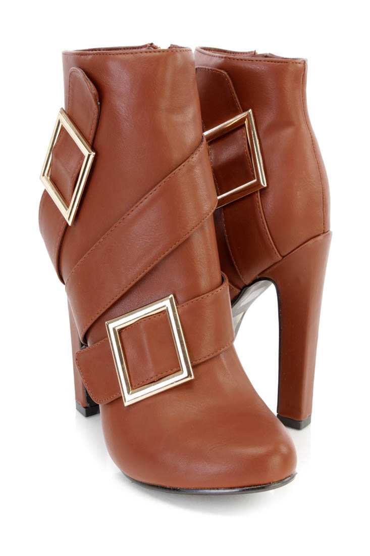 Brown Buckled Strappy High Heel Ankle Booties Faux Leather