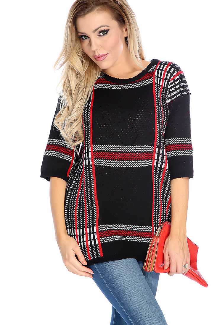 Black Red Half Sleeve Plaid Print Sweater