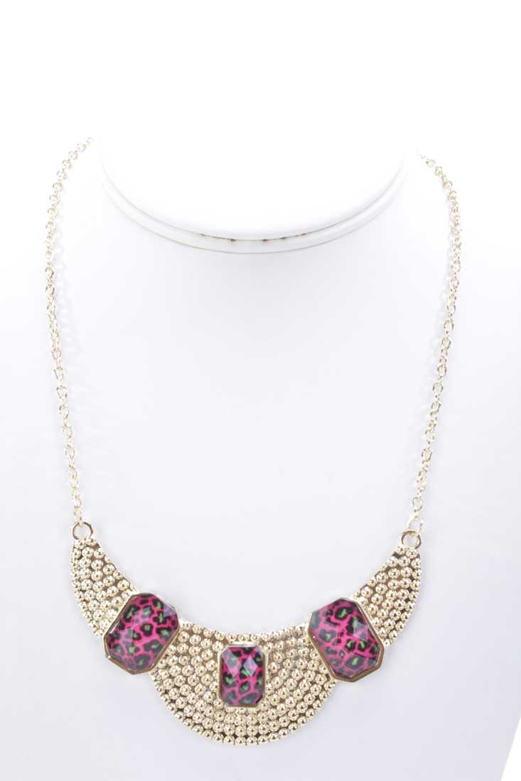 Pink Animal Print Gemstones Textured Necklace