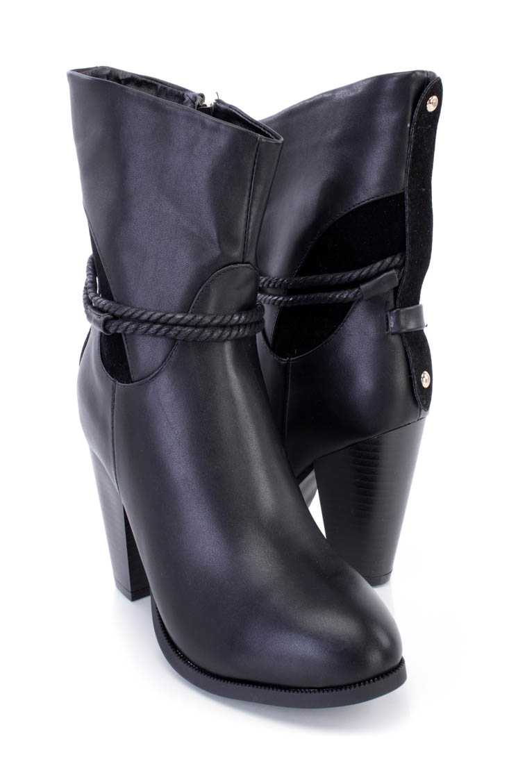 Black Rope Strappy Chunky Heel Booties Faux Leather