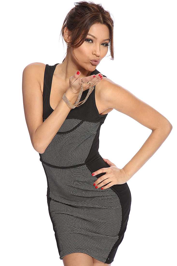 Black Beige Perforated Textured Sexy Bodycon Dress