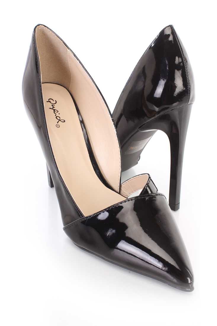 Black Strap Cut Out Pointy High Heels Patent Faux Leather