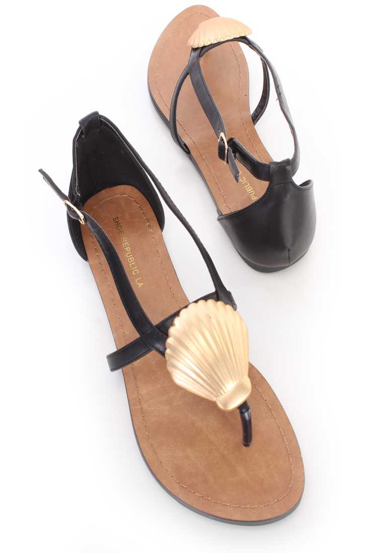 Black Metallic Sea Shell Thong Sandals Faux Leather
