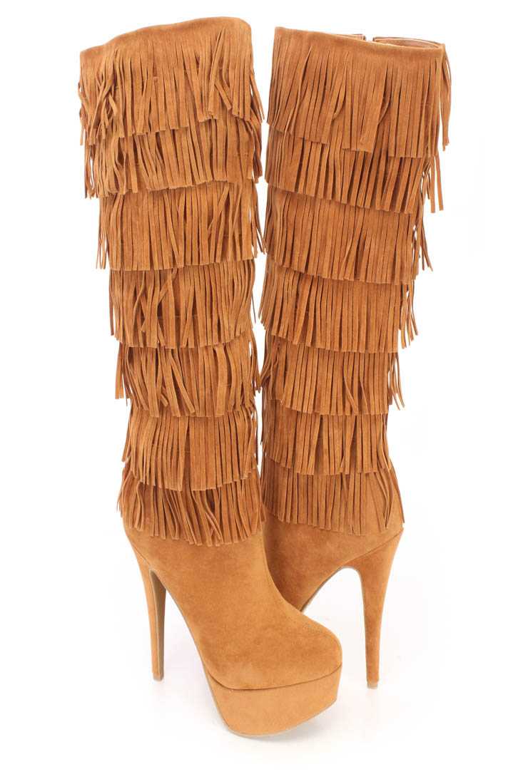 Chestnut Fringe Round Close Toe High Heel Boots Faux Suede