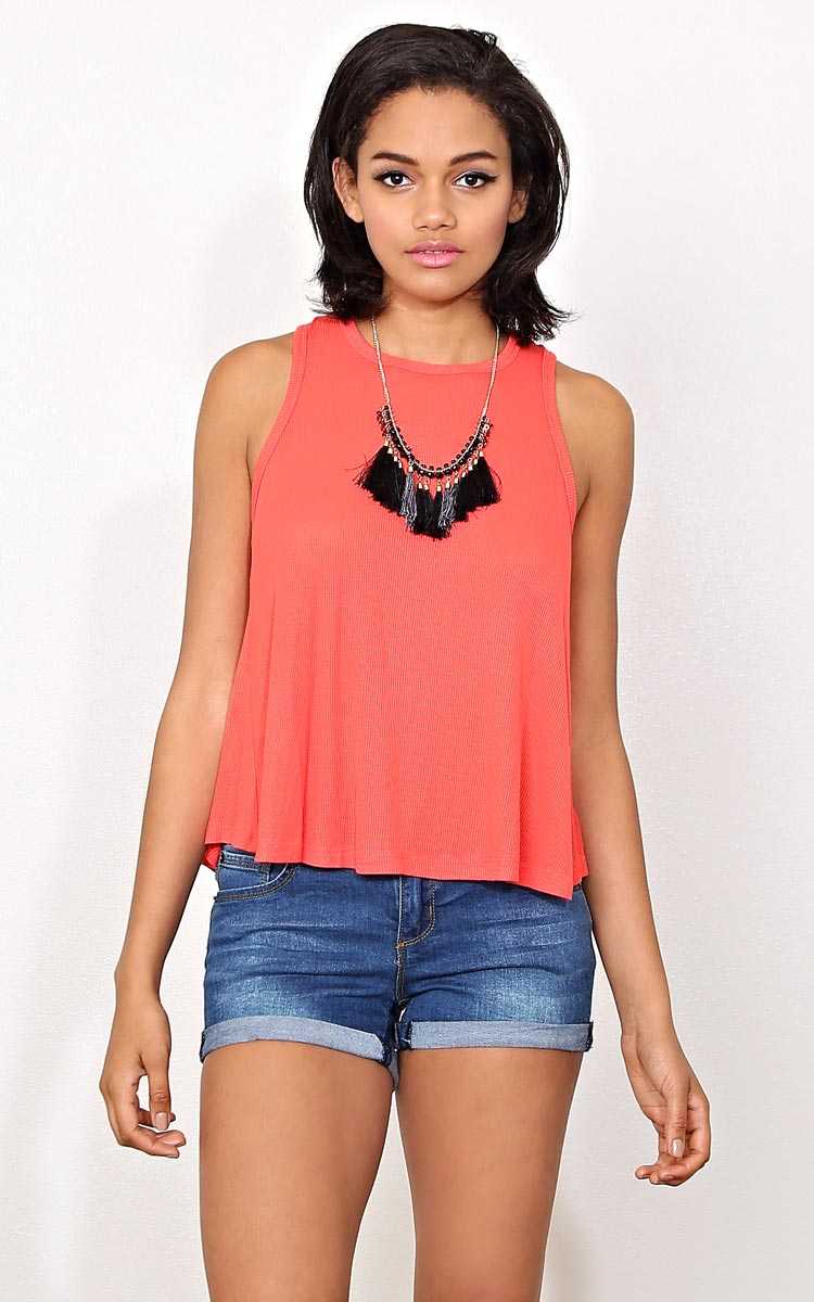 Neon Coral Roxy Rib Knit Tank - - Coral in Size by Styles For Less