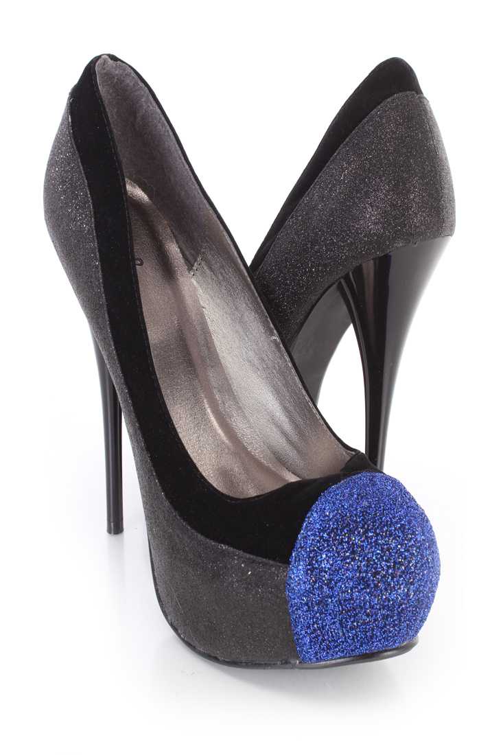 Black Round Close Toe Platform Pumps High Heels Glitter
