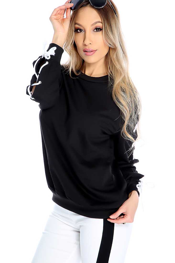Black Lace up Long Sleeve Casual Sweater