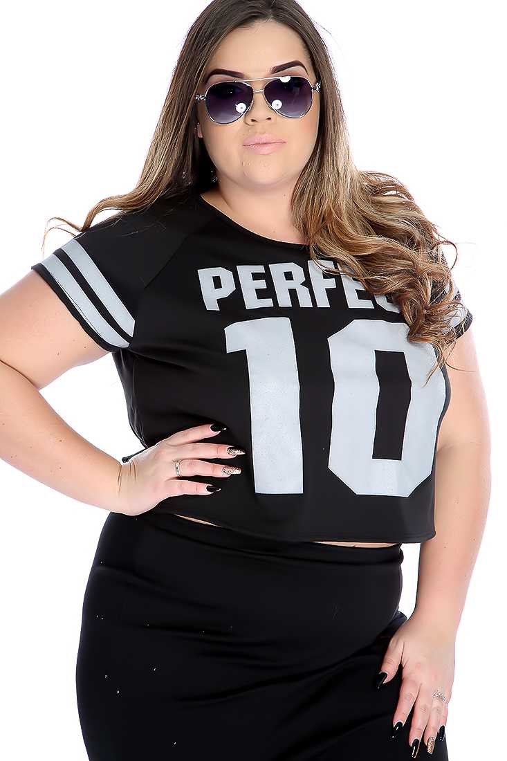 Black Plus Size Graphic Number Print Crop Top