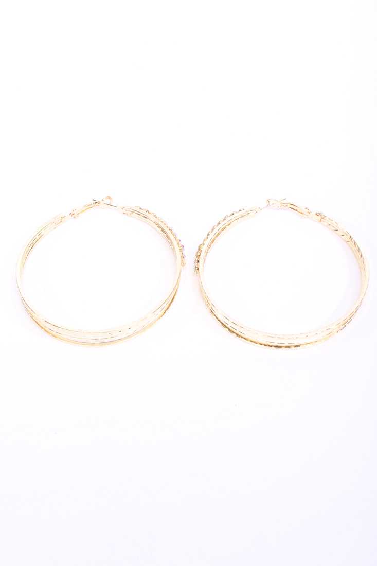Iridescent Gold Rhinestone Triple Layered Hoop Medium Size Earrings