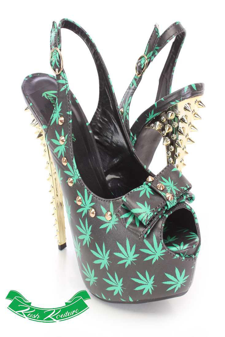 Black Green Studded Peep Toe Sling Back High Heels Faux Leather